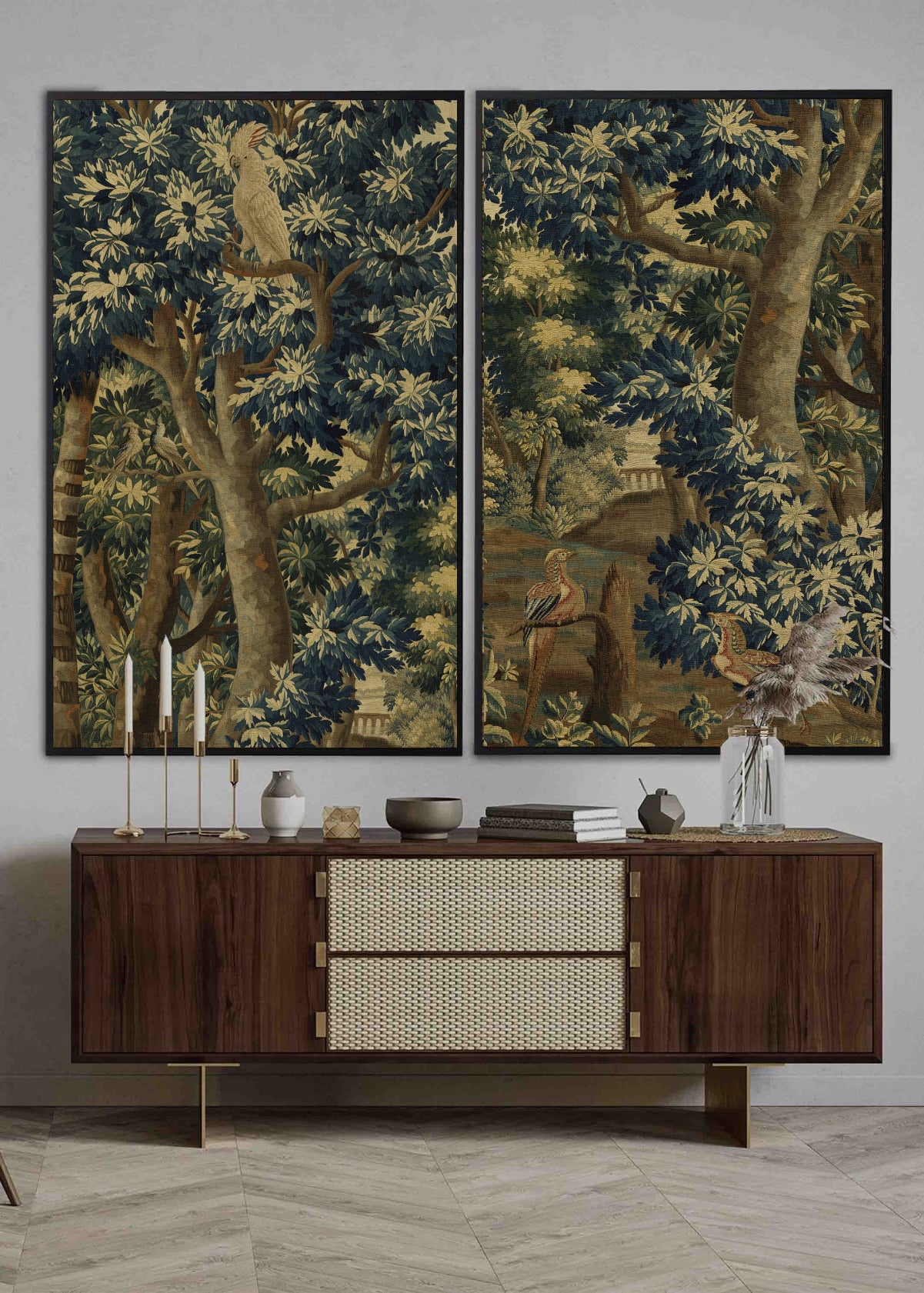 Paneles Murales de lino paisaje de bosque con aves - Serie 02