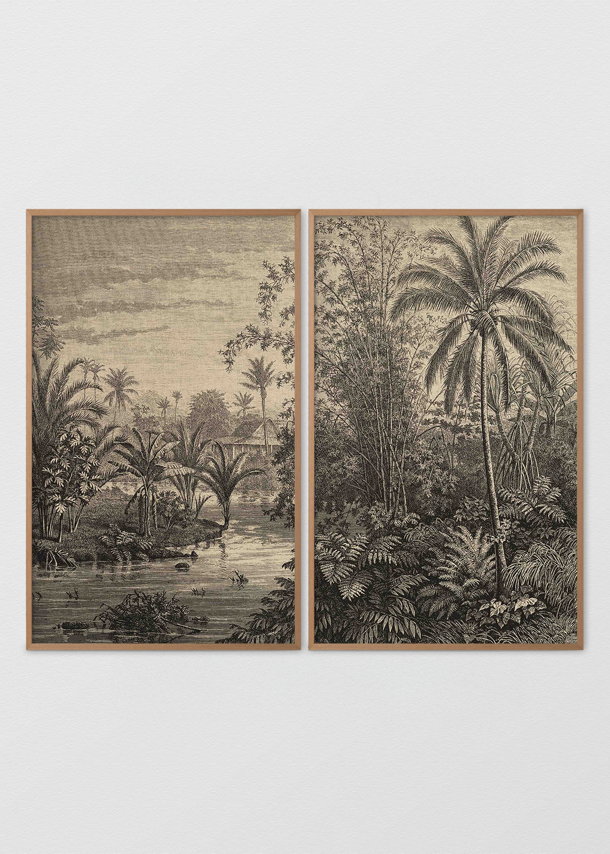 Paneles Murales de lino jungla palmeras sepia - Serie 02