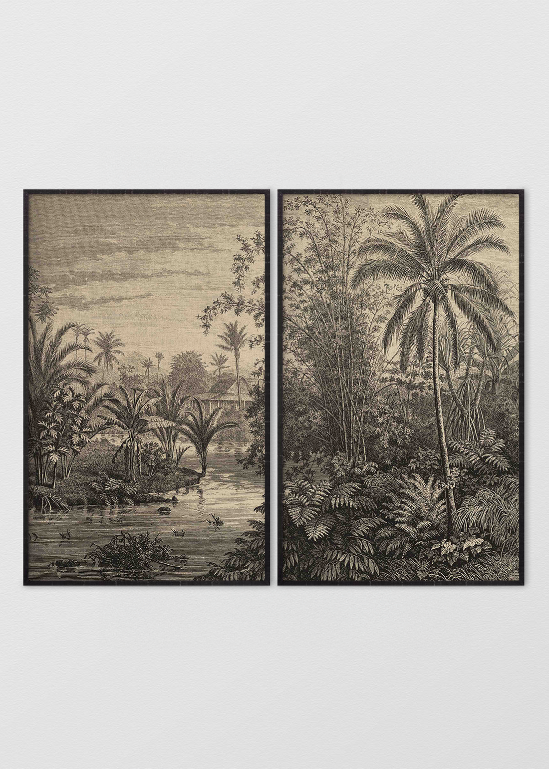 Paneles Murales de lino jungla palmeras sepia - Serie 02