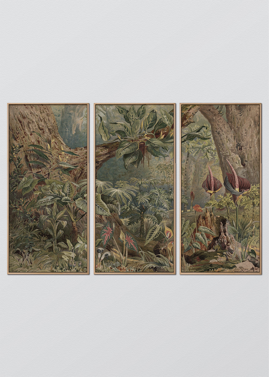 Paneles Murales de lino Jungla - Serie 03 M - TRES CUADROS DE 48 X 100 CM C/U / CAJA ESPACIADA MAÑÍO NATURAL 1X5 CM