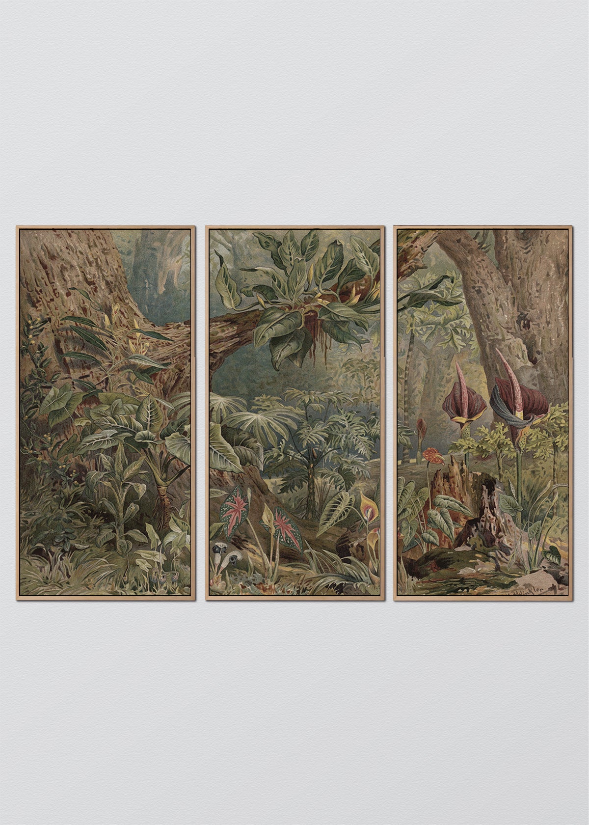 Paneles Murales de lino Jungla - Serie 03 M - TRES CUADROS DE 48 X 100 CM C/U / CAJA ESPACIADA MAÑÍO NATURAL 1X5 CM
