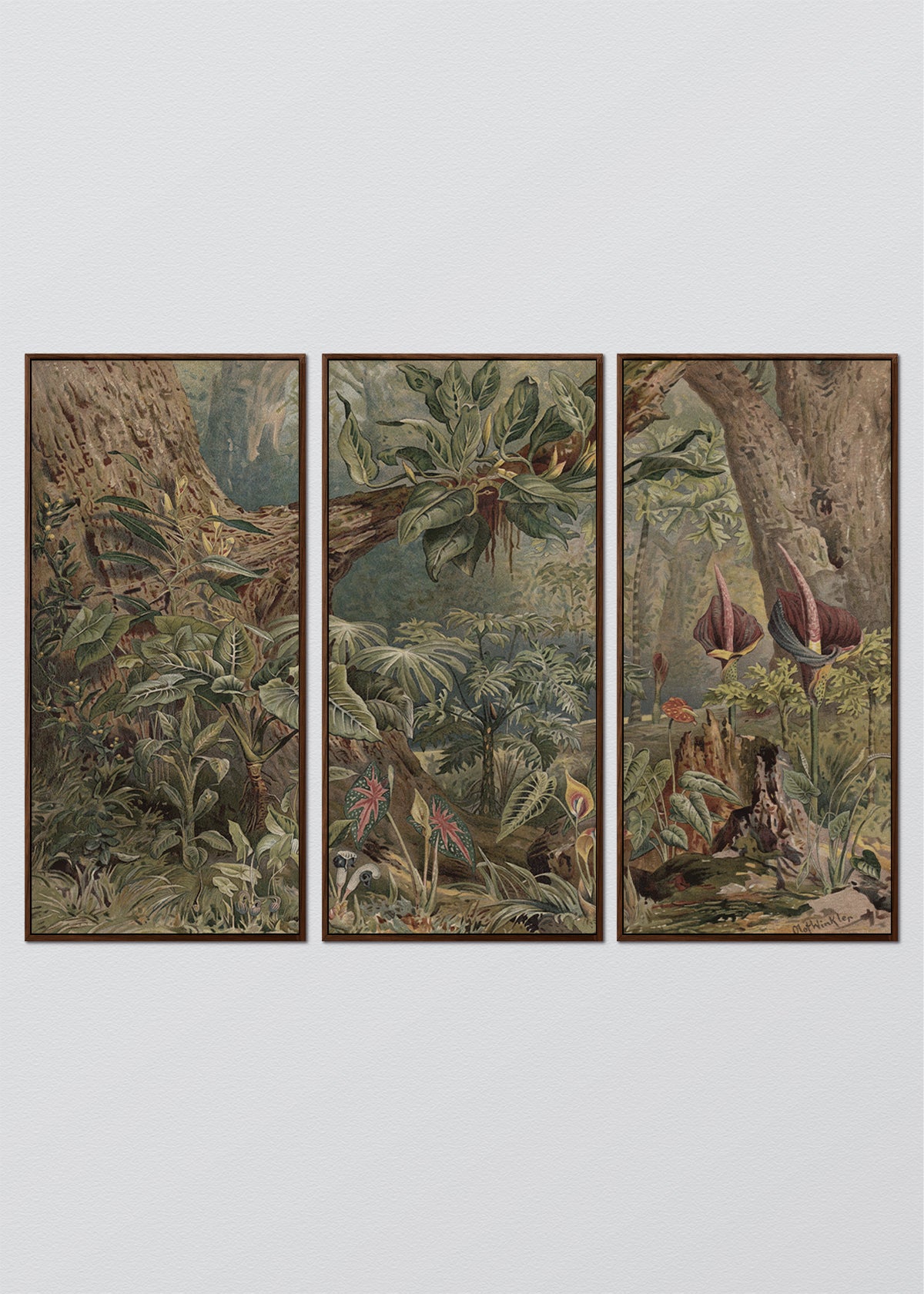 Paneles Murales de lino Jungla - Serie 03 M - TRES CUADROS DE 48 X 100 CM C/U / CAJA ESPACIADA TINTE NOGAL 1X5 CM
