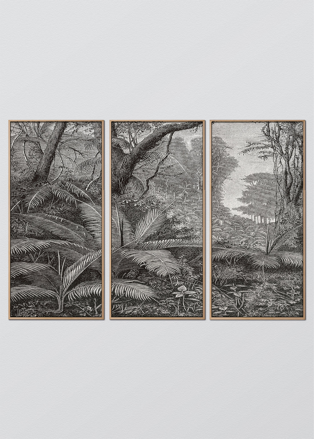 Paneles Murales de lino jungla manglar blanco y negro - Serie 03 M - TRES CUADROS DE 48 X 100 CM C/U / CAJA ESPACIADA MAÑÍO NATURAL 1X5 CM / Blanco y negro