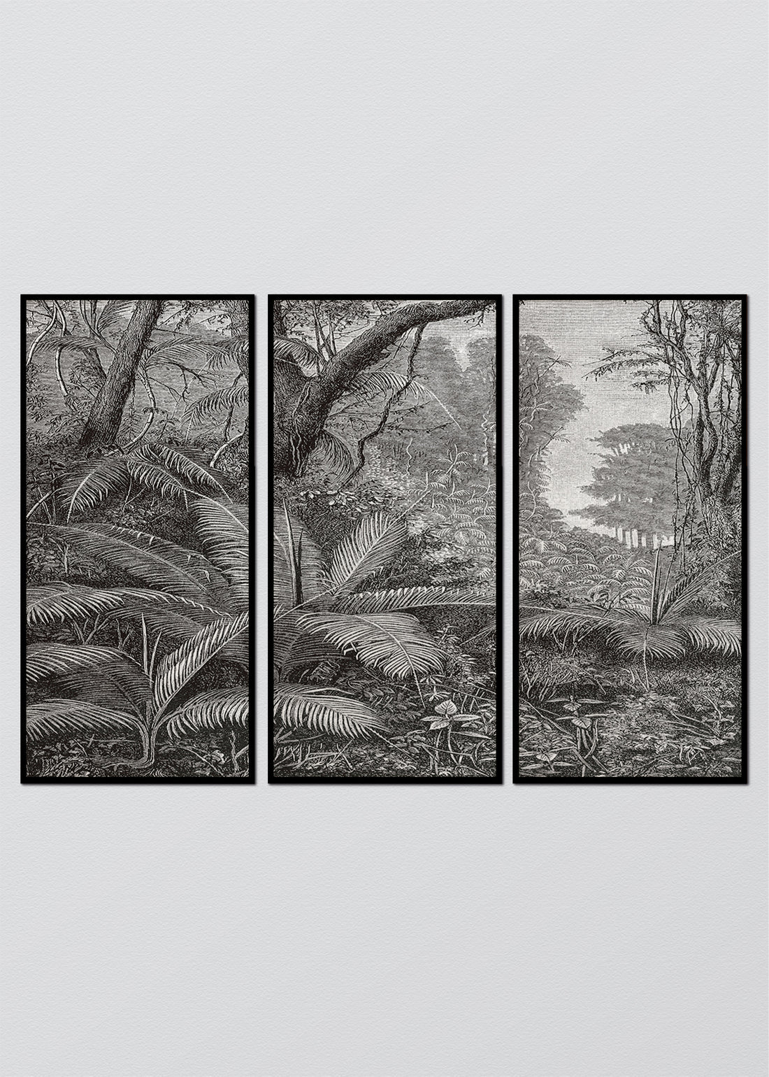 Paneles Murales de lino jungla manglar blanco y negro - Serie 03 M - TRES CUADROS DE 48 X 100 CM C/U / CAJA ESPACIADA NEGRA 1X5 CM / Blanco y negro
