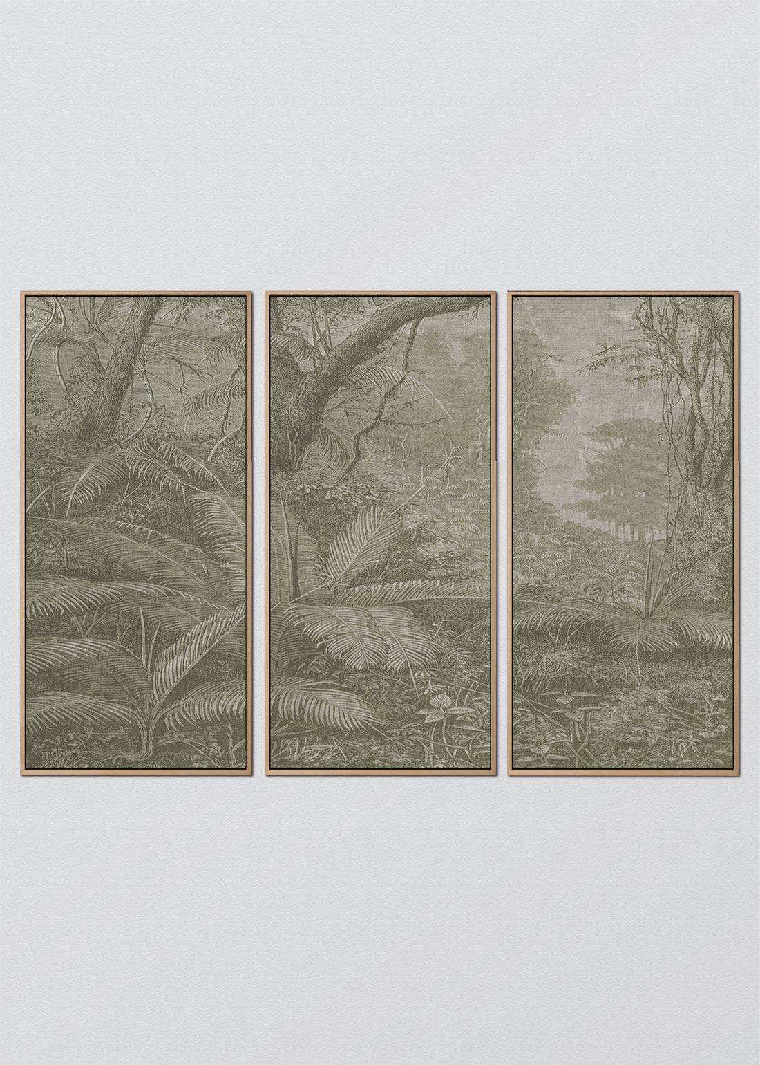 Paneles Murales de lino jungla manglar blanco y negro - Serie 03 M - TRES CUADROS DE 48 X 100 CM C/U / CAJA ESPACIADA MAÑÍO NATURAL 1X5 CM / Verde Musgo