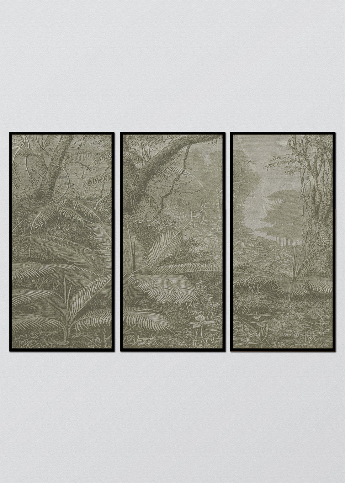 Paneles Murales de lino jungla manglar blanco y negro - Serie 03 M - TRES CUADROS DE 48 X 100 CM C/U / CAJA ESPACIADA NEGRA 1X5 CM / Verde Musgo