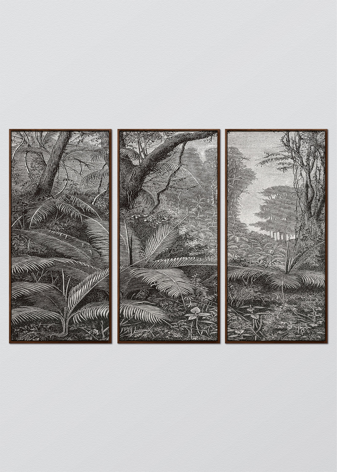 Paneles Murales de lino jungla manglar blanco y negro - Serie 03 M - TRES CUADROS DE 48 X 100 CM C/U / CAJA ESPACIADA TINTE NOGAL 1X5 CM / Verde Musgo