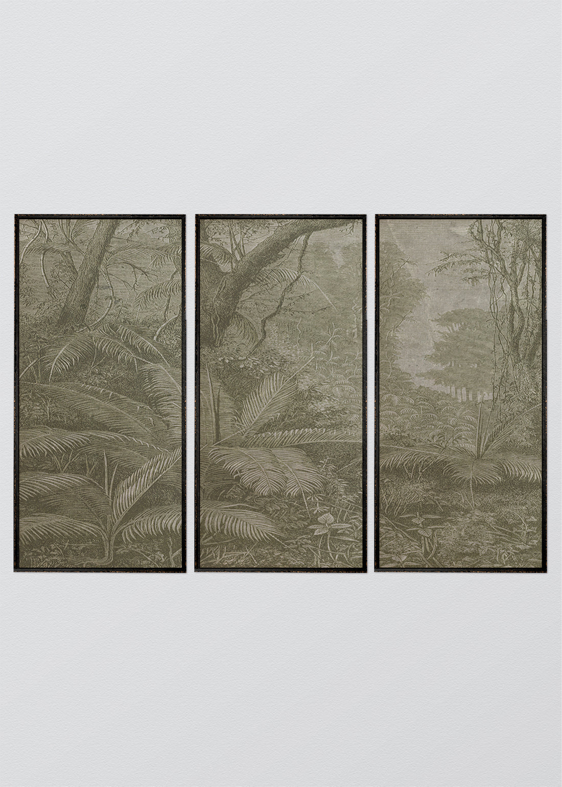 Paneles Murales de lino jungla manglar blanco y negro - Serie 03 M - TRES CUADROS DE 48 X 100 CM C/U / CAJA ESPACIADA NEGRA RÚSTICA 1X5 CM / Verde Musgo