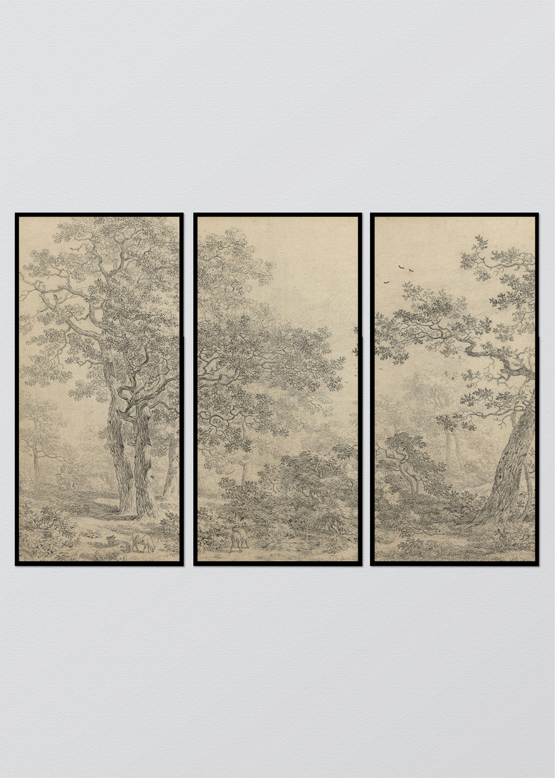 Paneles Murales de lino árboles blanco y negro - Serie 03 M - TRES CUADROS DE 48 X 100 CM C/U / CAJA ESPACIADA NEGRA 1X5 CM