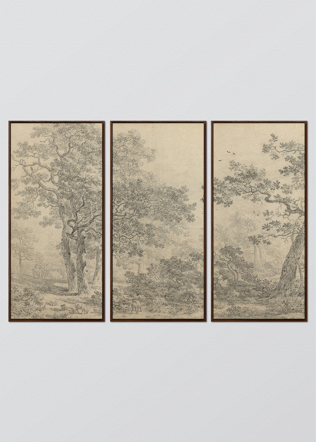Paneles Murales de lino árboles blanco y negro - Serie 03 M - TRES CUADROS DE 48 X 100 CM C/U / CAJA ESPACIADA TINTE NOGAL 1X5 CM