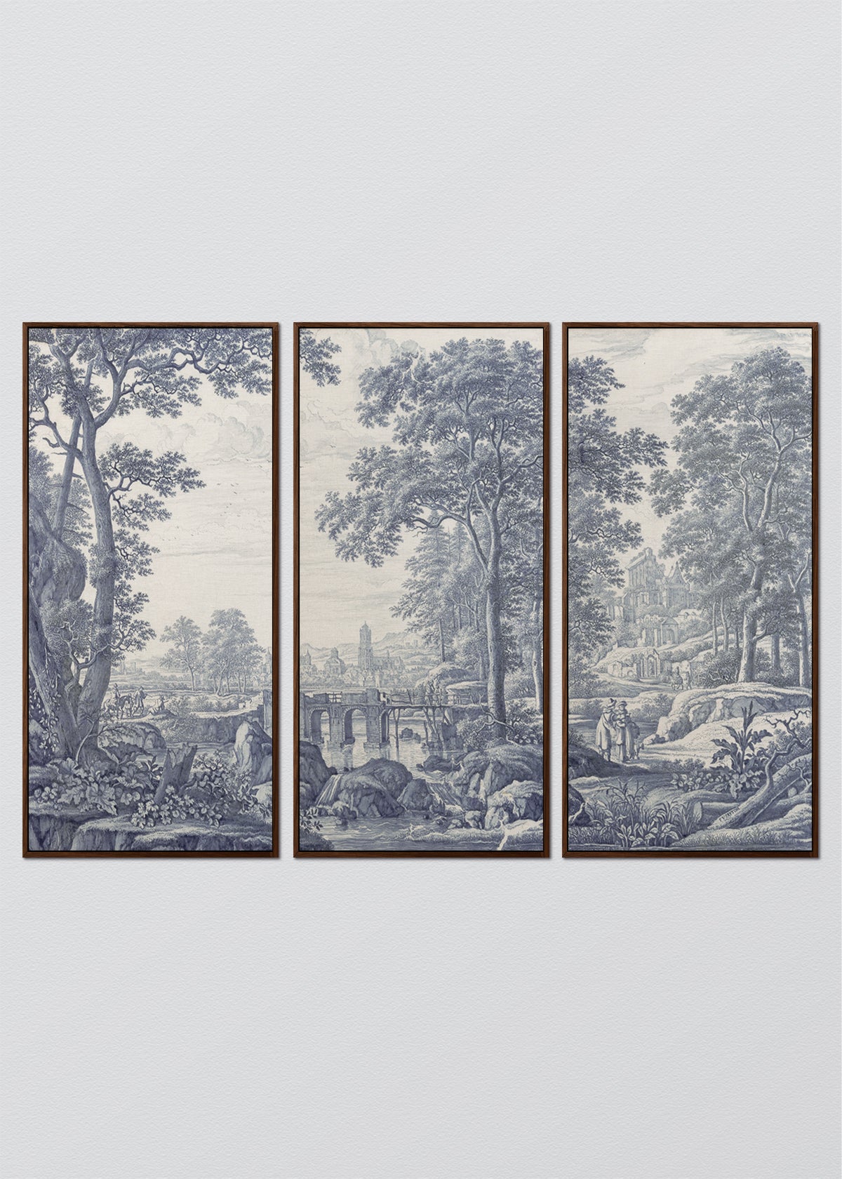 Paneles Murales de lino toile de Jouy - Serie 03 M - TRES CUADROS DE 48 X 100 CM C/U / CAJA ESPACIADA TINTE NOGAL 1X5 CM / Azul Porcelana