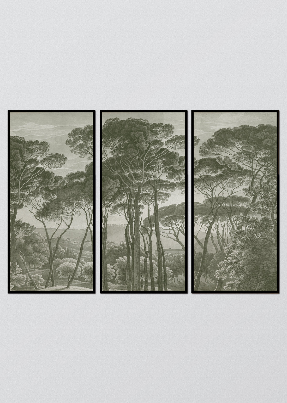 Paneles Murales de lino árboles verdes - Serie 03 M - TRES CUADROS DE 48 X 100 CM C/U / CAJA ESPACIADA NEGRA 1X5 CM