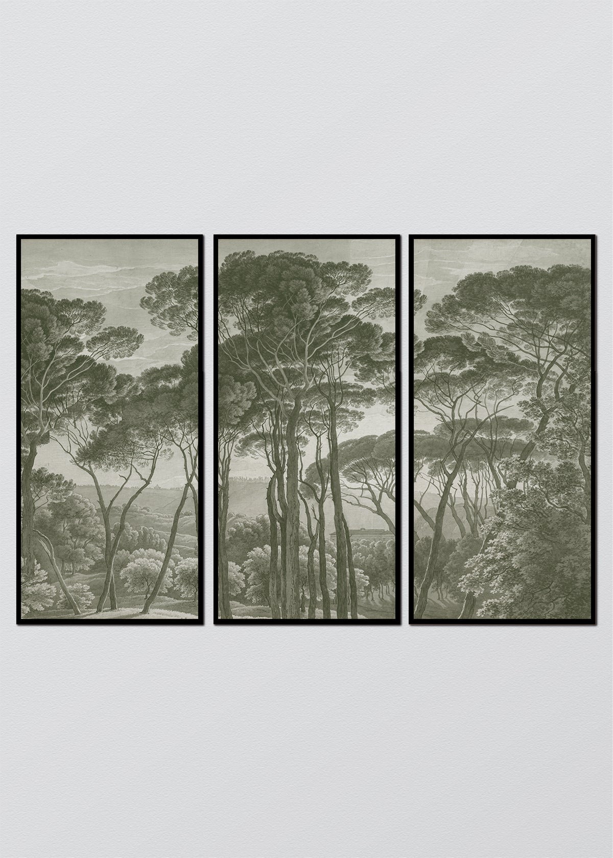 Paneles Murales de lino árboles verdes - Serie 03 M - TRES CUADROS DE 48 X 100 CM C/U / CAJA ESPACIADA NEGRA 1X5 CM
