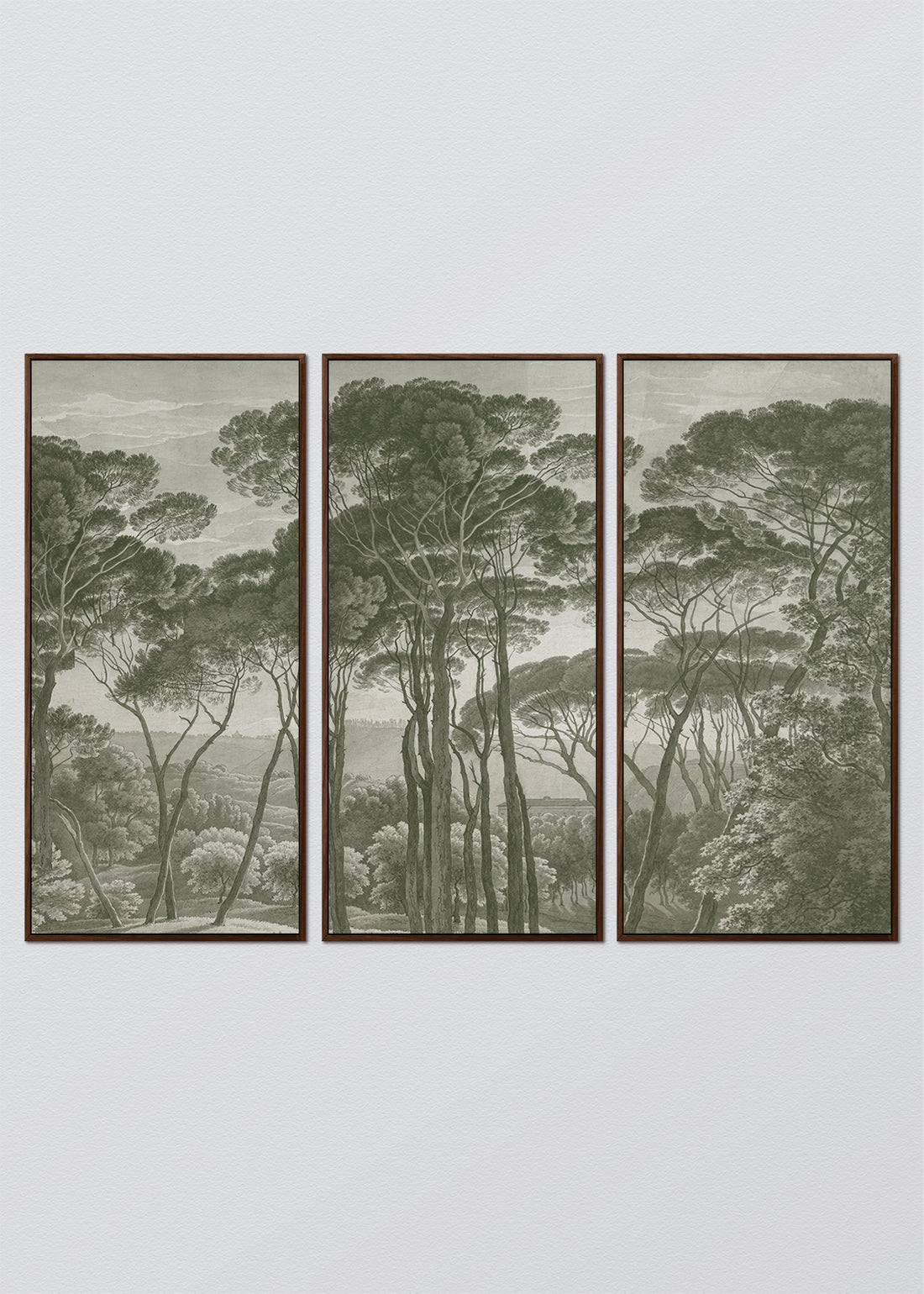 Paneles Murales de lino árboles verdes - Serie 03 M - TRES CUADROS DE 48 X 100 CM C/U / CAJA ESPACIADA TINTE NOGAL 1X5 CM
