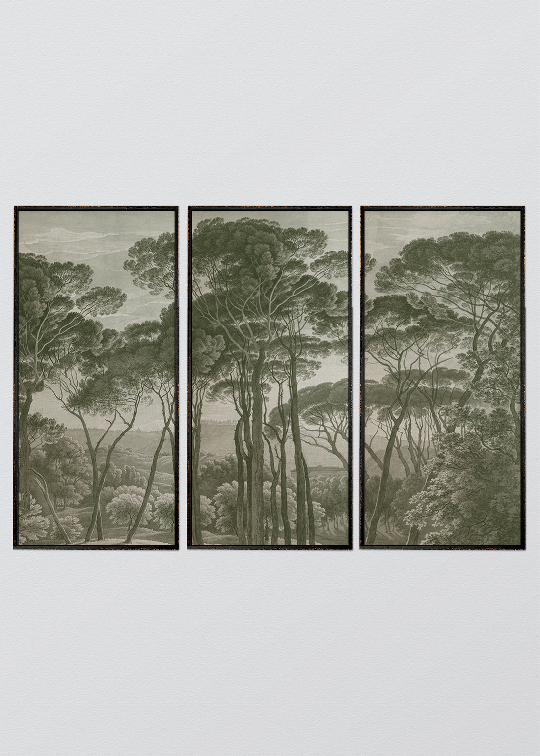 Paneles Murales de lino árboles verdes - Serie 03 M - TRES CUADROS DE 48 X 100 CM C/U / CAJA ESPACIADA NEGRA RÚSTICA 1X5 CM
