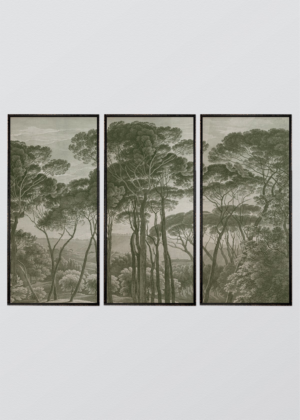 Paneles Murales de lino árboles verdes - Serie 03 M - TRES CUADROS DE 48 X 100 CM C/U / CAJA ESPACIADA NEGRA RÚSTICA 1X5 CM