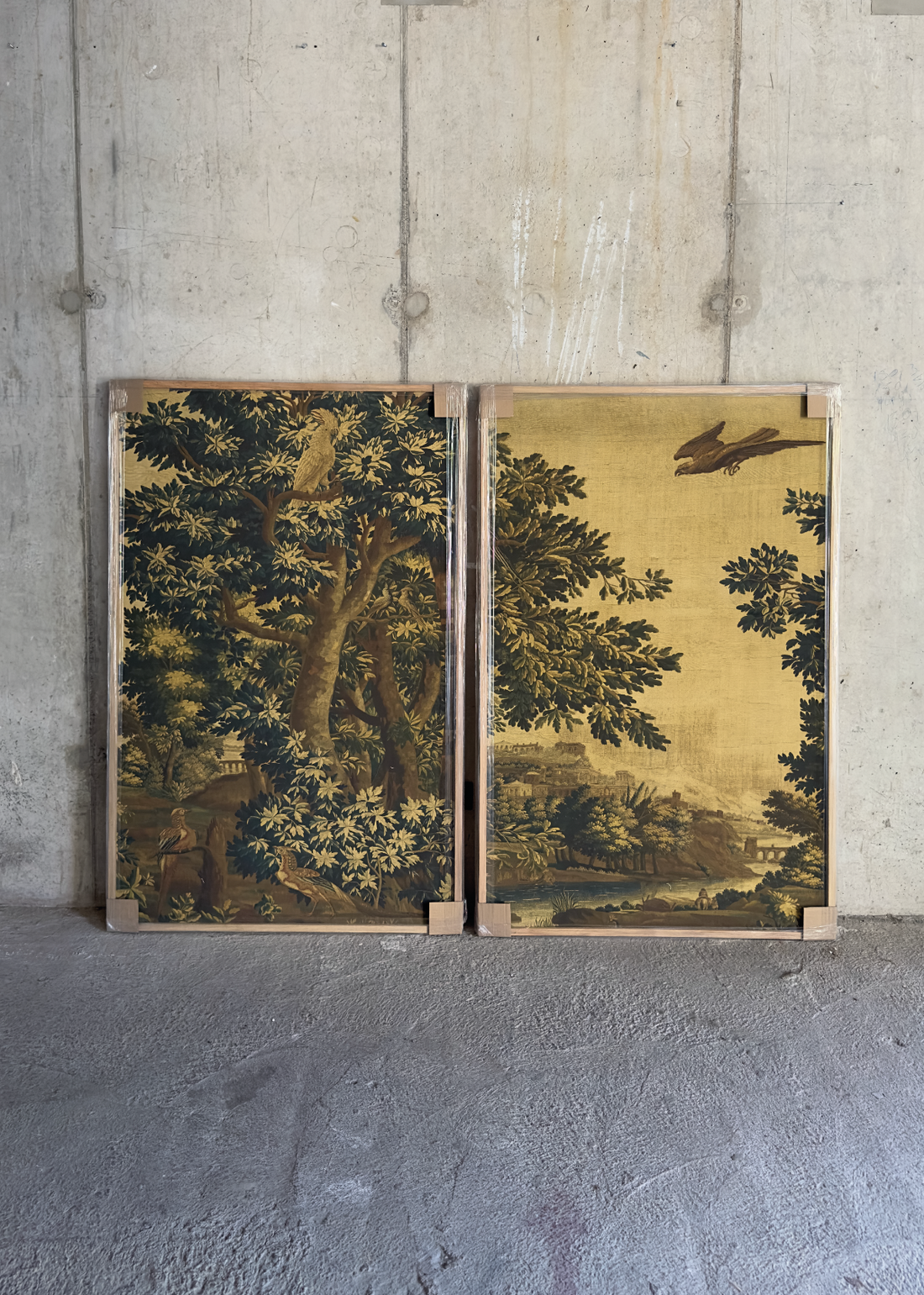 Set cuadros mural de lino paisaje de bosque con aves