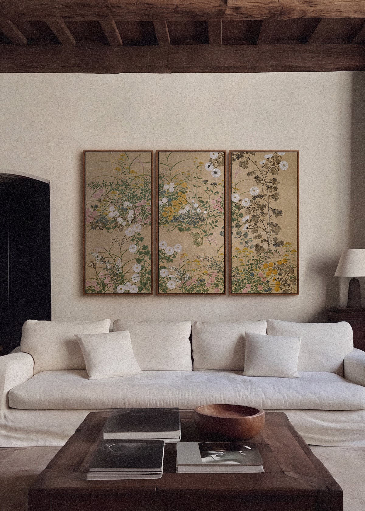 Ambiente - Paneles Murales de Lino Tríptico Grabado de Flores Antiguas Beige Champagne