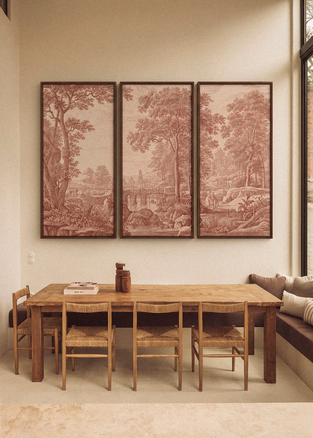 Ambiente - Paneles Murales de Lino Tríptico Toile de Jouy Rosado Framboise-Antique